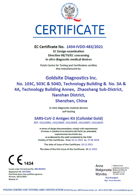 Certificado CE para teste de antígeno Covid-19 auto