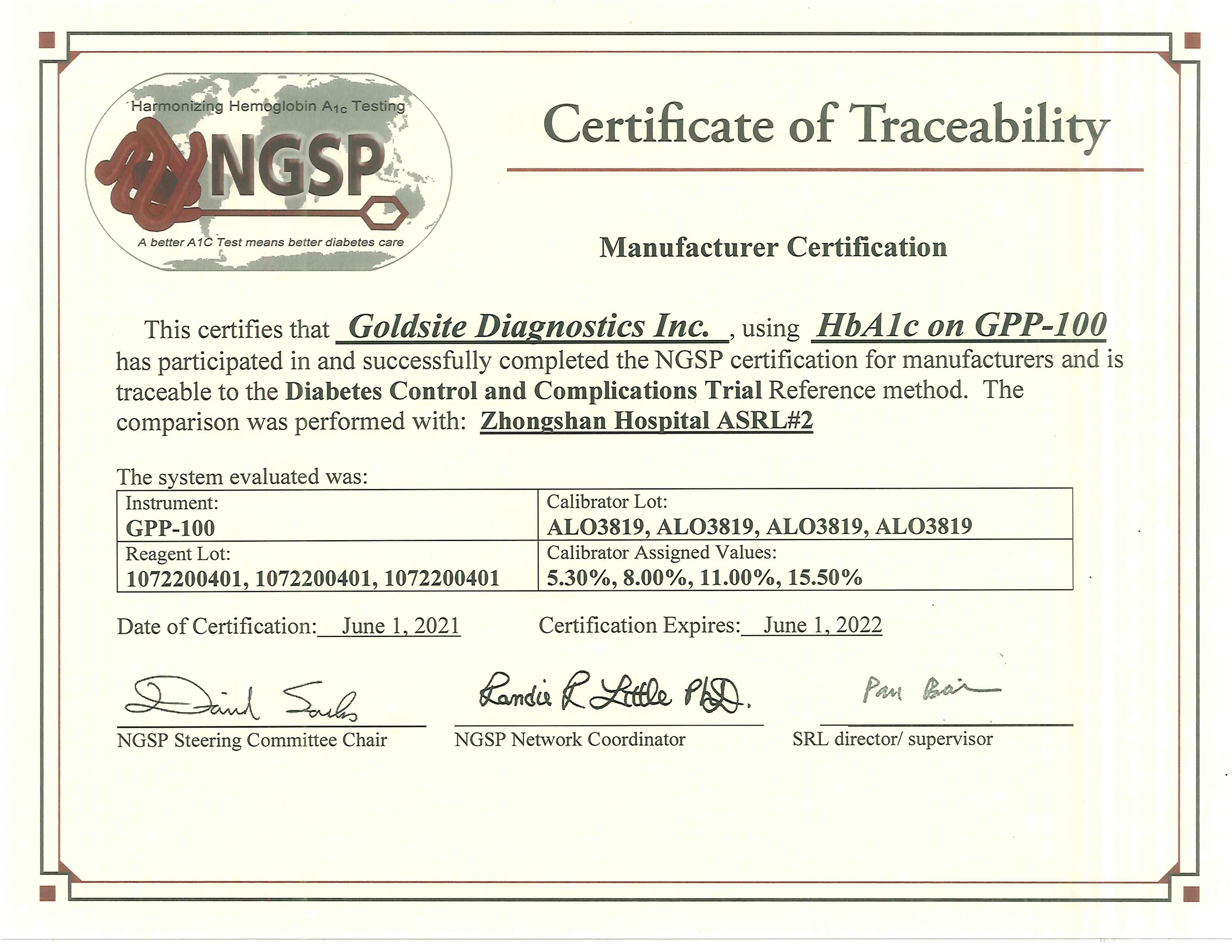 NGSP 证书 HbA1c no GPP-100 2021.6.12022.6.1